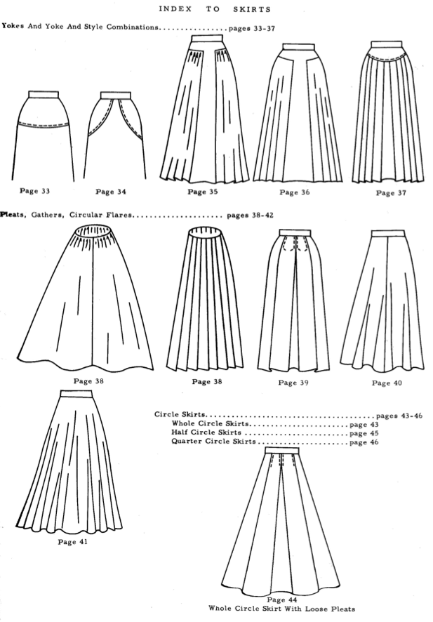 Yoked, flared and circle skirts, A-line, with waistband and without.