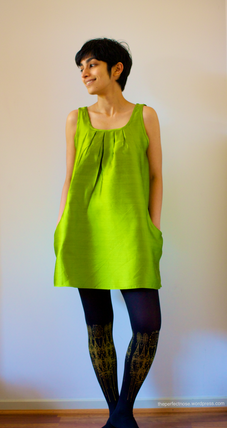 Chartreuse green double sided silk dress with pockets