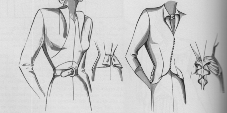 Folding excess fabric into draped necklines and style features