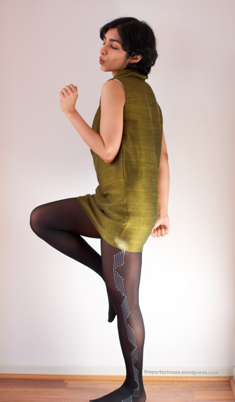 Moss green raw silk cowl dress, deco stockings